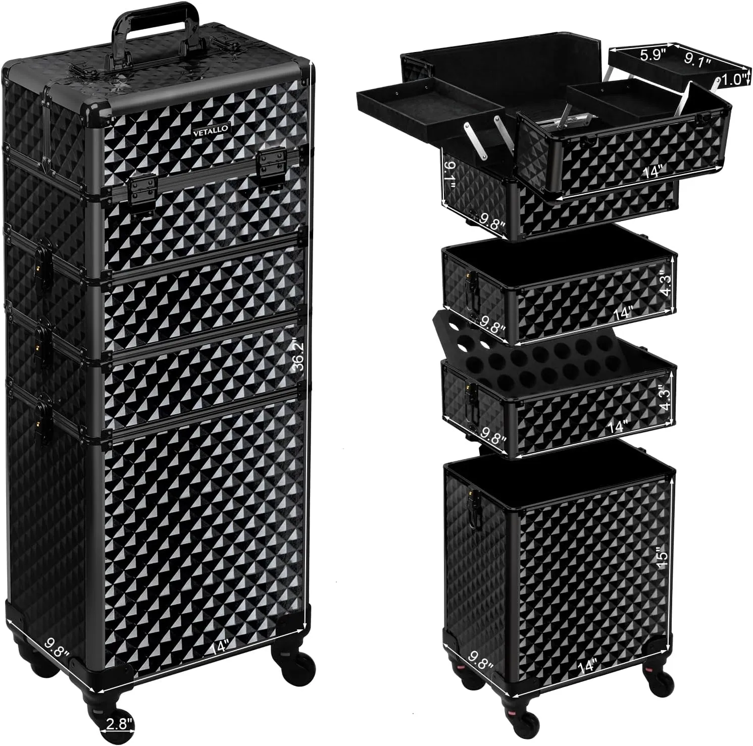 VETALLO Rolling Makeup Train Case, 5-in-1 Travel Makeup Case Organizer I Large Makeup Case with Key Swivel Wheels I Makeup Train Case for Manicurists Hairstylists Esthetician I Black