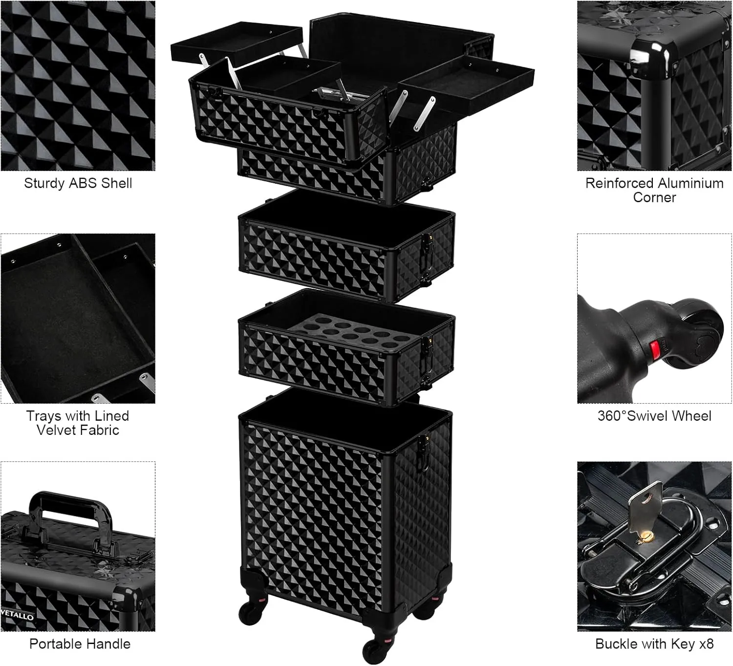 VETALLO Rolling Makeup Train Case, 5-in-1 Travel Makeup Case Organizer I Large Makeup Case with Key Swivel Wheels I Makeup Train Case for Manicurists Hairstylists Esthetician I Black