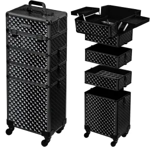 VETALLO Rolling Makeup Train Case, 5-in-1 Travel Makeup Case Organizer I Large Makeup Case with Key Swivel Wheels I Makeup Train Case for Manicurists Hairstylists Esthetician I Black