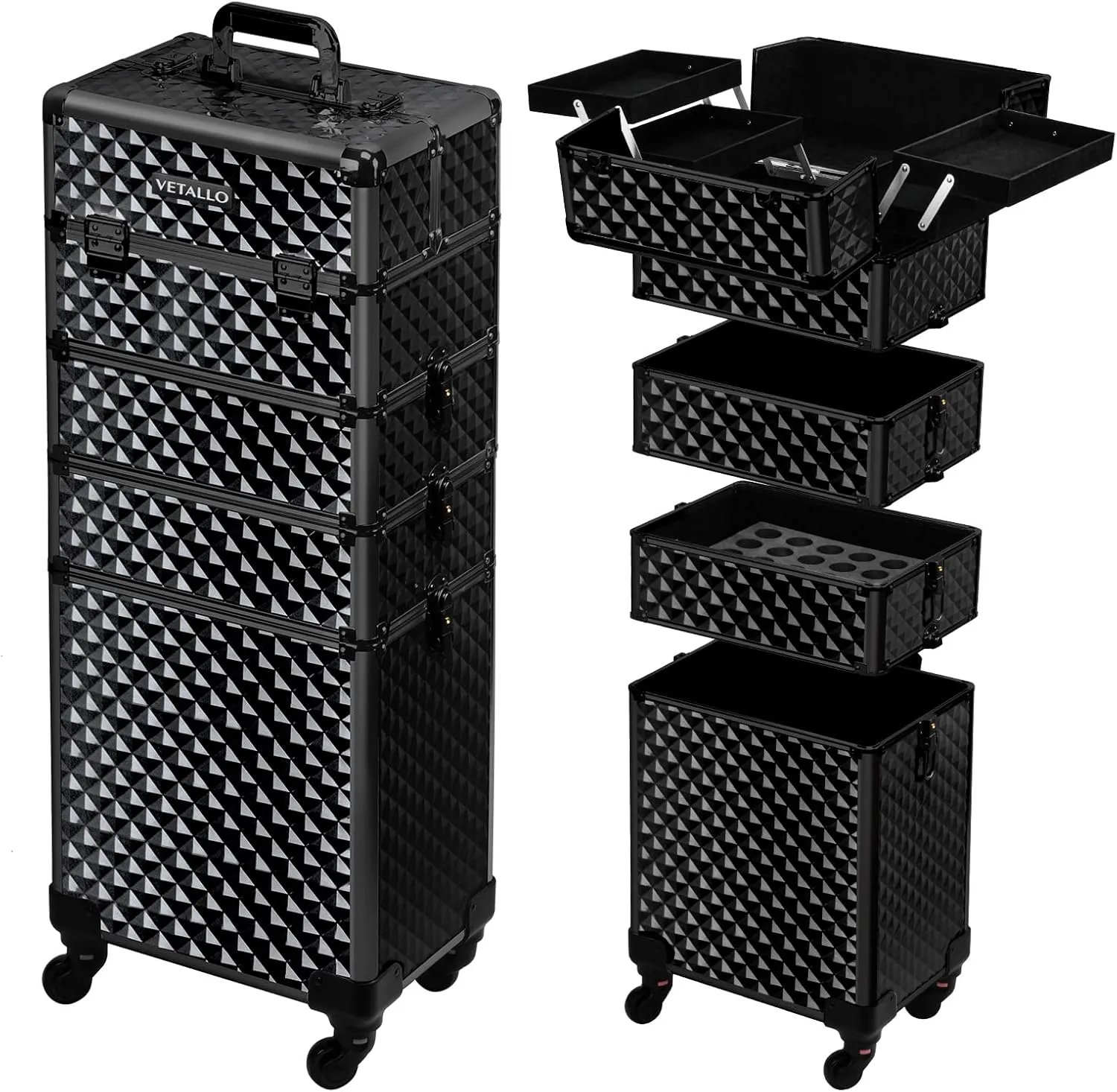 VETALLO Rolling Makeup Train Case, 5-in-1 Travel Makeup Case Organizer I Large Makeup Case with Key Swivel Wheels I Makeup Train Case for Manicurists Hairstylists Esthetician I Black