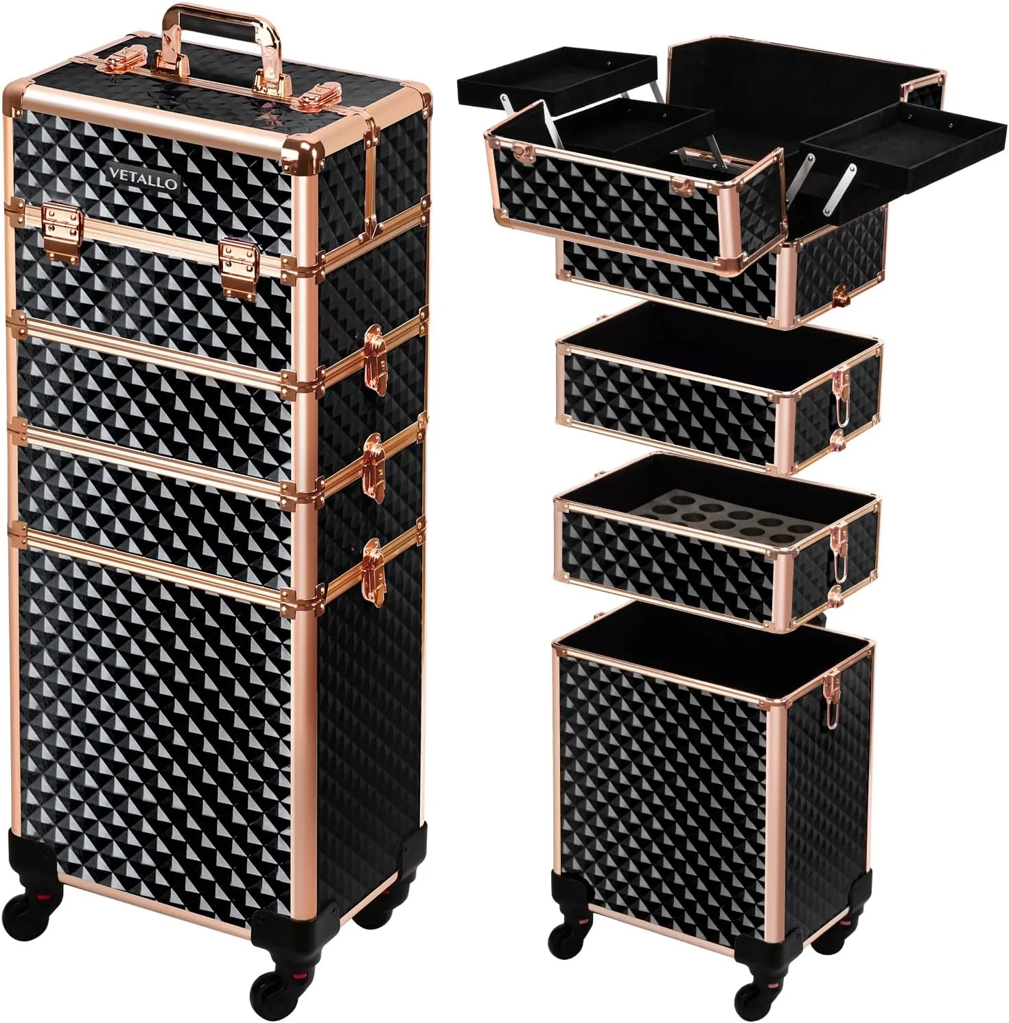 VETALLO Rolling Makeup Train Case, 5-in-1 Travel Makeup Case Organizer I Large Makeup Case with Key/Swivel Wheels I Makeup Train Case for Manicurists Hairstylists Esthetician I Black Gold
