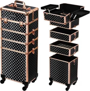 VETALLO Rolling Makeup Train Case, 5-in-1 Travel Makeup Case Organizer I Large Makeup Case with Key/Swivel Wheels I Makeup Train Case for Manicurists Hairstylists Esthetician I Black Gold