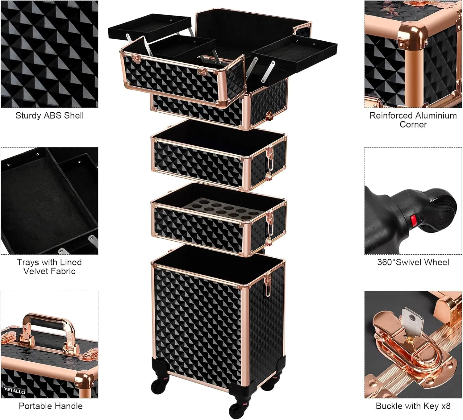VETALLO Rolling Makeup Train Case, 5-in-1 Travel Makeup Case Organizer I Large Makeup Case with Key/Swivel Wheels I Makeup Train Case for Manicurists Hairstylists Esthetician I Black Gold