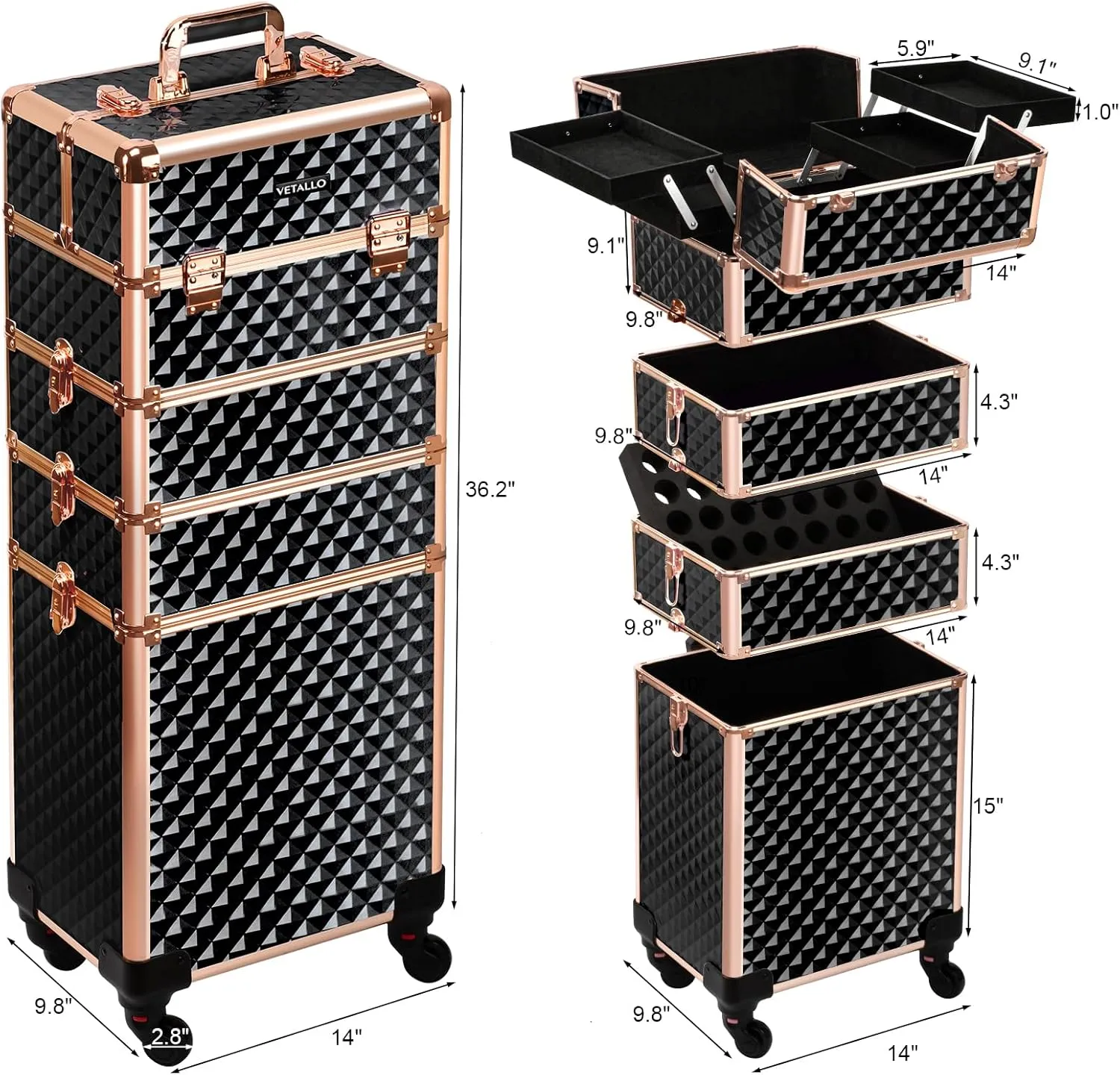 VETALLO Rolling Makeup Train Case, 5-in-1 Travel Makeup Case Organizer I Large Makeup Case with Key/Swivel Wheels I Makeup Train Case for Manicurists Hairstylists Esthetician I Black Gold