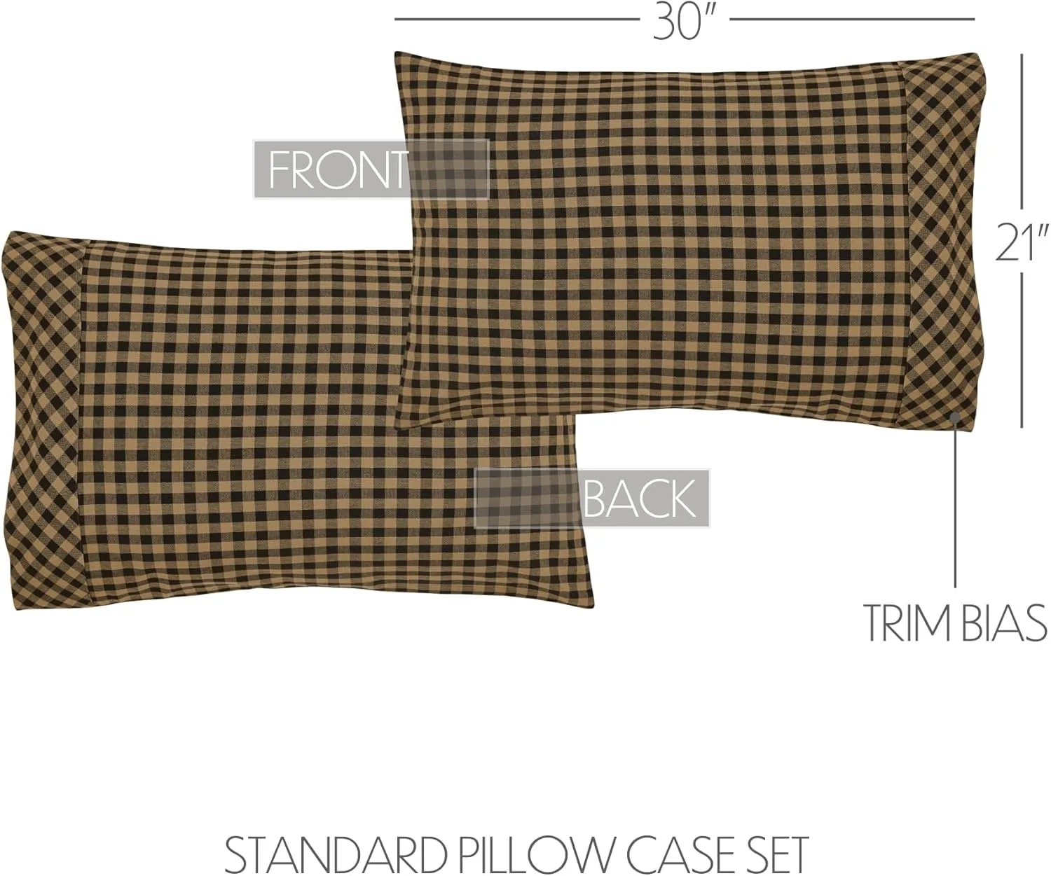 VHC Brands Black Check Standard Pillow Case Set of 2 21x30 Country Rustic Design, Black and Tan