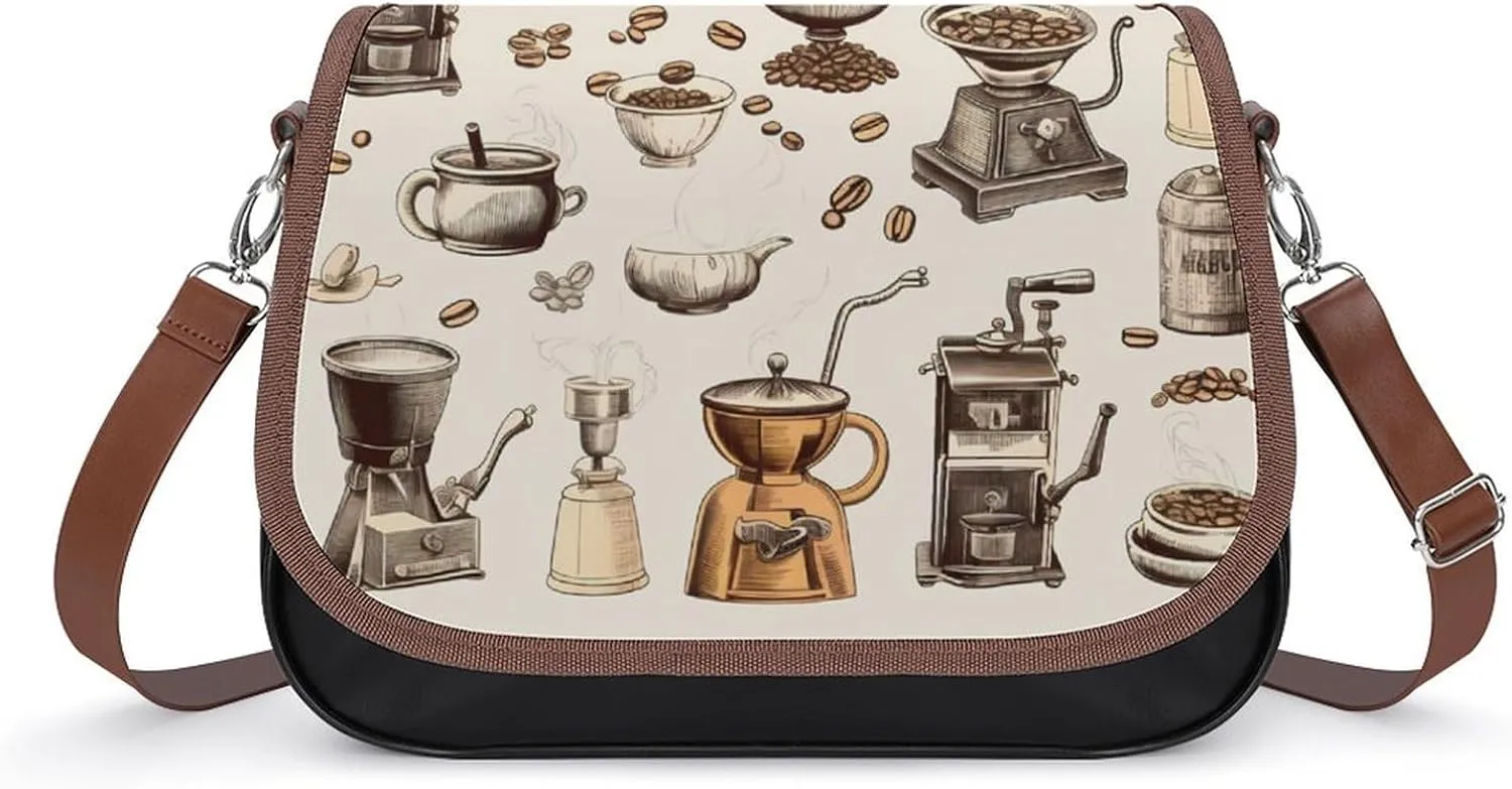 Vintage Coffee Grinding Machine Cup Women's Crossbody Bag PU Leather Message Bag Shoulder Handbag Purse for Travel Office