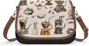 Vintage Coffee Grinding Machine Cup Women's Crossbody Bag PU Leather Message Bag Shoulder Handbag Purse for Travel Office