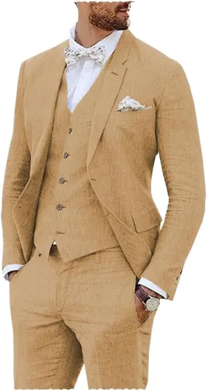 Vintage Linen Suit for Men's 3 Piece Formal Wedding Suit Groomsmen Wear