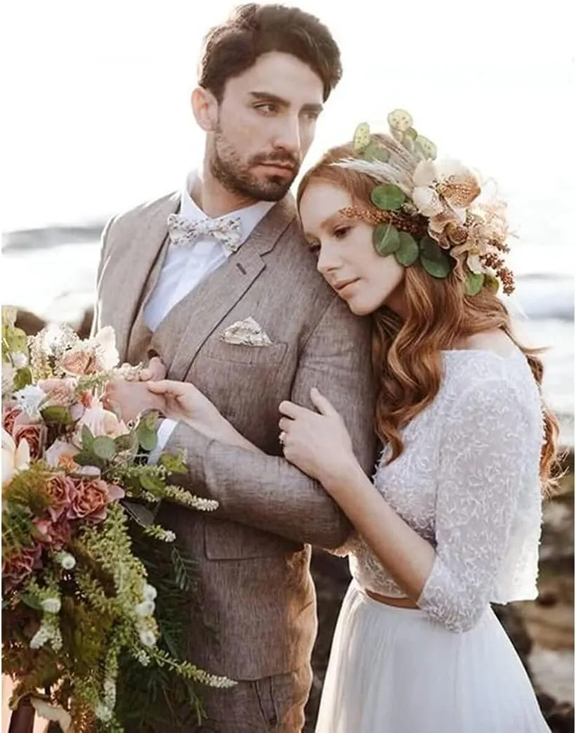 Vintage Linen Suit for Men's 3 Piece Formal Wedding Suit Groomsmen Wear