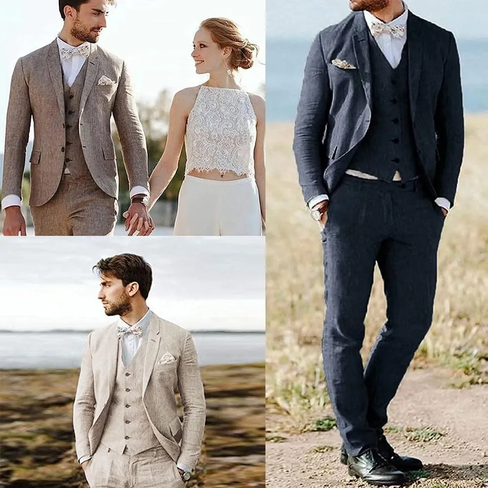 Vintage Linen Suit for Men's 3 Piece Formal Wedding Suit Groomsmen Wear