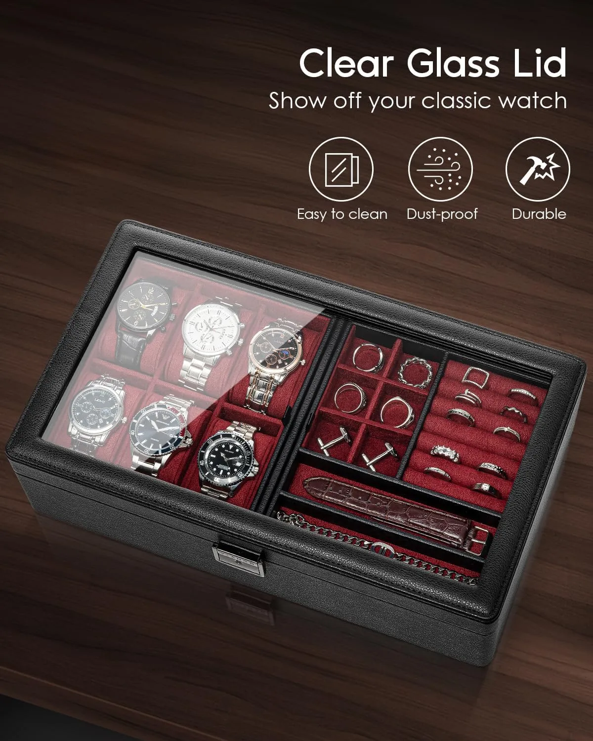 Vlando 6-Slot Watch Box Organize, Lockable Watch Case with Textured Leather, 2 Layer Watch Holder for Rings, Bracelets, Glasses, Glass Lid, Removable Divider, Gift for Fathers, Husband, Friend, Red