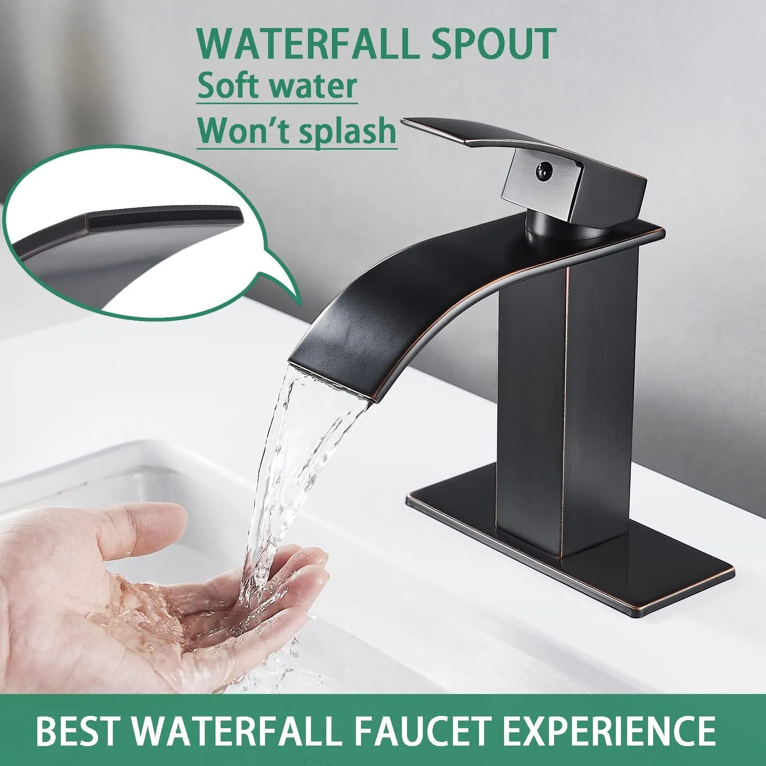 VOTON Bathroom Faucets Oil Rubbed Bronze Modern Single Handle Waterfall Sink Faucet for 1 or 3 Holes with Deck Plate, Rv Sink Camper Farmhouse Bathroom Utility Remodel Faucet