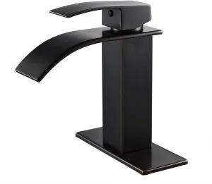 VOTON Bathroom Faucets Oil Rubbed Bronze Modern Single Handle Waterfall Sink Faucet for 1 or 3 Holes with Deck Plate, Rv Sink Camper Farmhouse Bathroom Utility Remodel Faucet