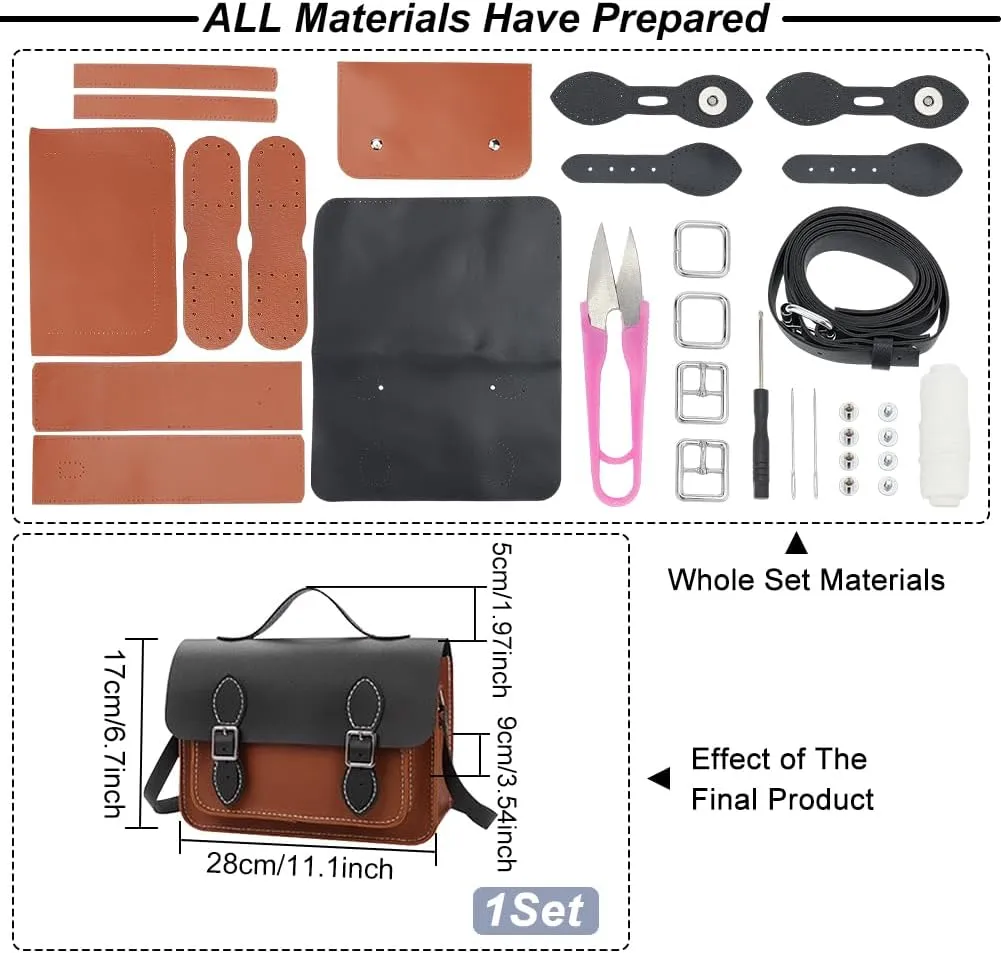 WADORN DIY Crossbody Bag Making Kit, PU Leather Shoulder Bag Sewing Set with Instruction Handmade Satchel Handbag Making Kit Purse Sewing Kit for Women Handicraft Gift, 11.1x3.54x6.7Inch(Black Brown)