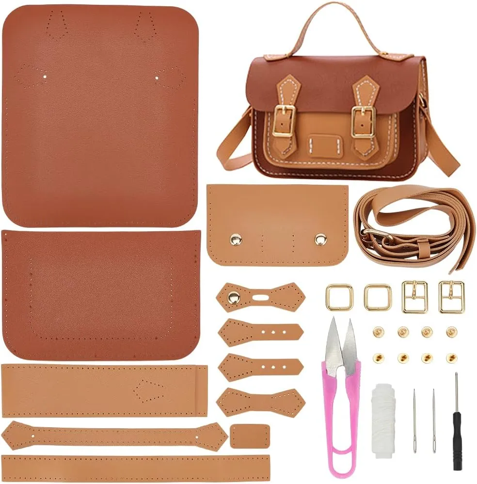 WADORN DIY Crossbody Bag Making Kits, PU Leather Shoulder Bag Sewing Set with Instruction Handmade Satchel Handbag Making Kit Purse Sewing Kit for Women Handicraft Gift, 9.8x3.5x6.7 Inch(Brown Khaki)