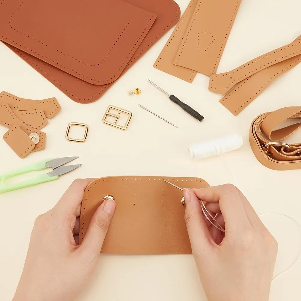 WADORN DIY Crossbody Bag Making Kits, PU Leather Shoulder Bag Sewing Set with Instruction Handmade Satchel Handbag Making Kit Purse Sewing Kit for Women Handicraft Gift, 9.8x3.5x6.7 Inch(Brown Khaki)