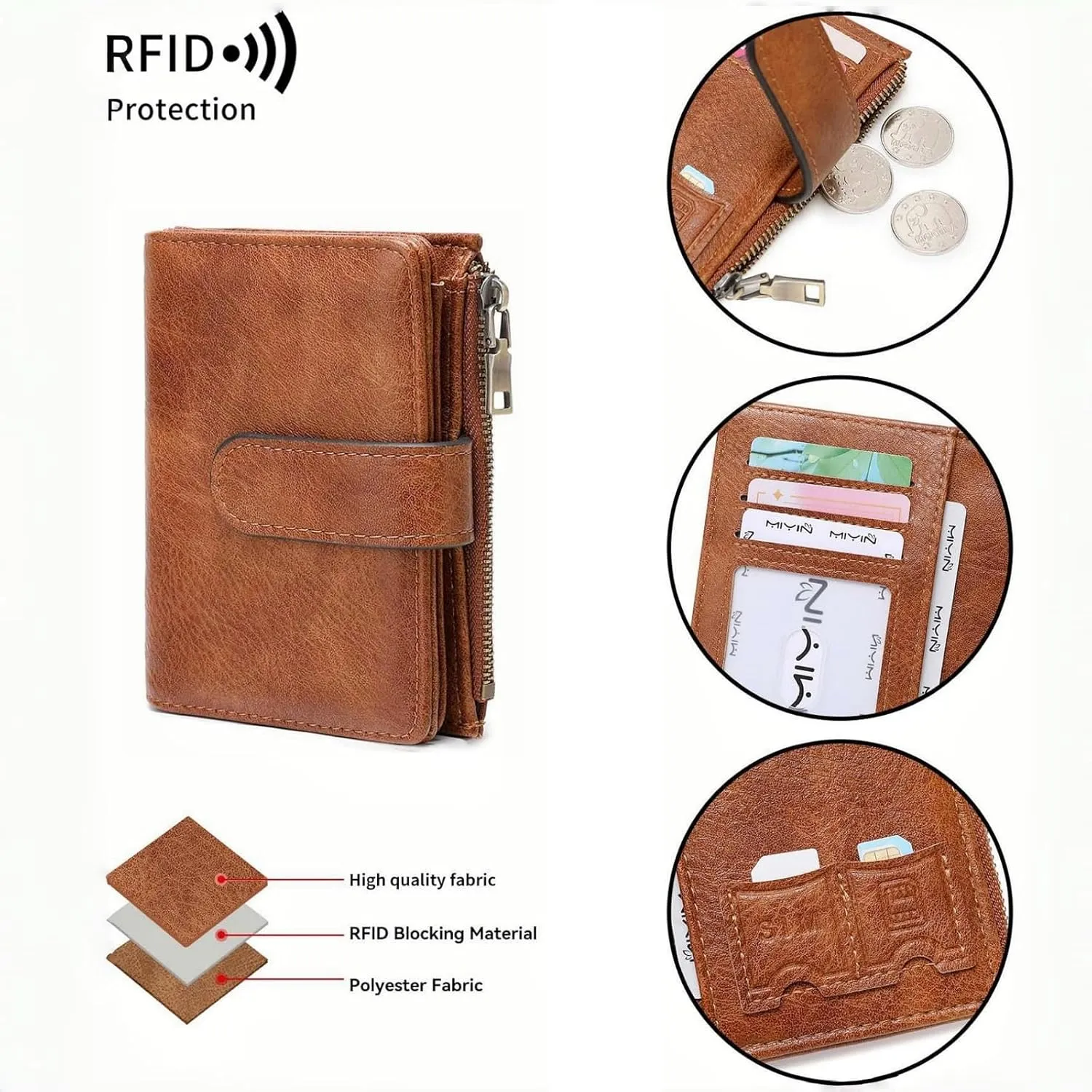 Wallet Women Small Leather RFID Blocking Credit Card Wallet Bifold Compact Ladies Purse with Zipper Coin Pocket