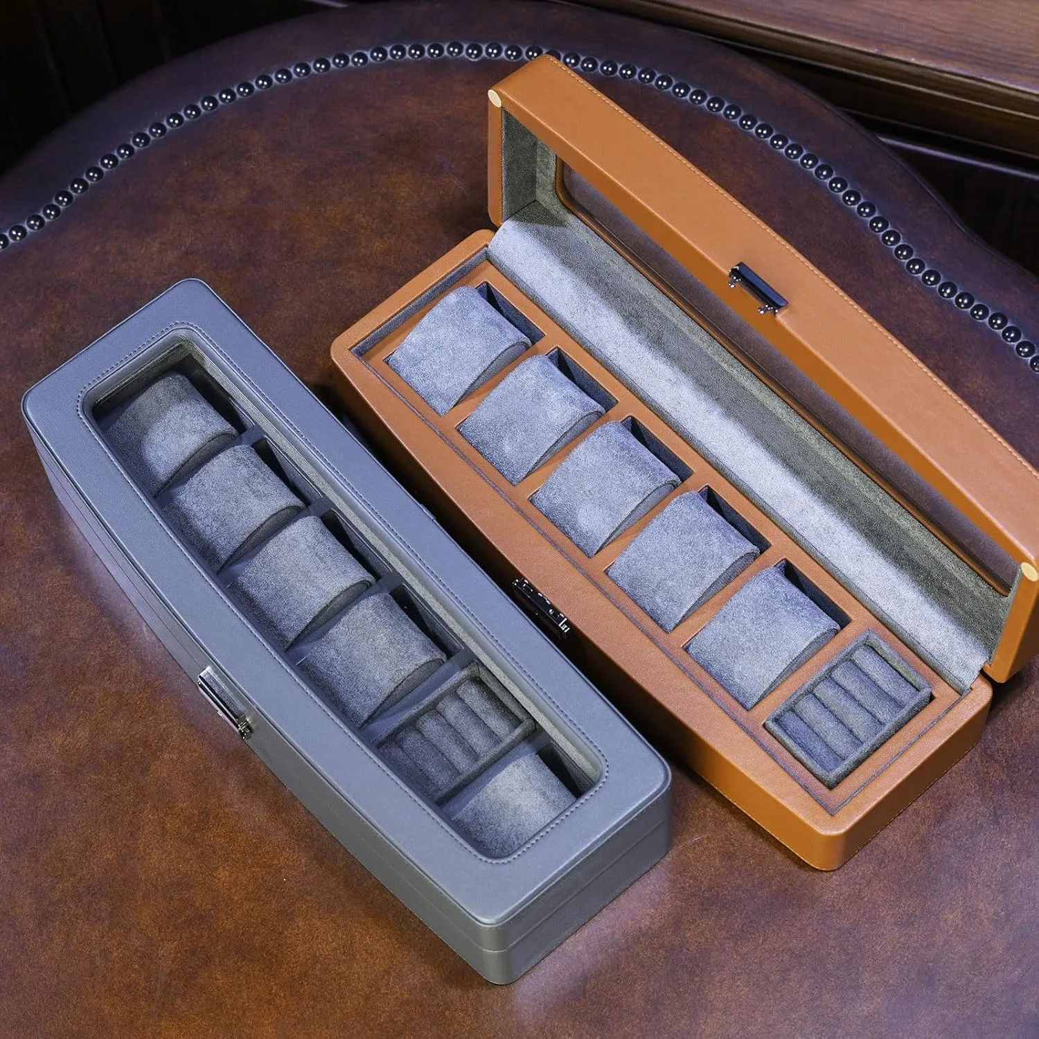 Watch Box Organizer 6-digit Watch Collection Box High-end Watch Organizer Artificial Leather Watch Display Box watch case(Gris)