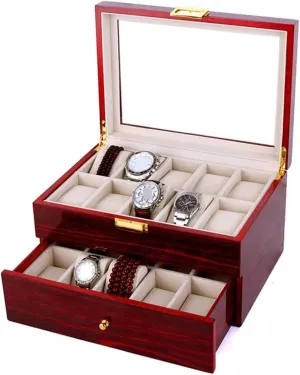 Watch Case Watch Roll Watch Winder Wood 20 Slots Watch Box Organizer Bracelet Display Holder Metal Hinge Clear Top Lockable Storage Case Watch Box Watch Organizer