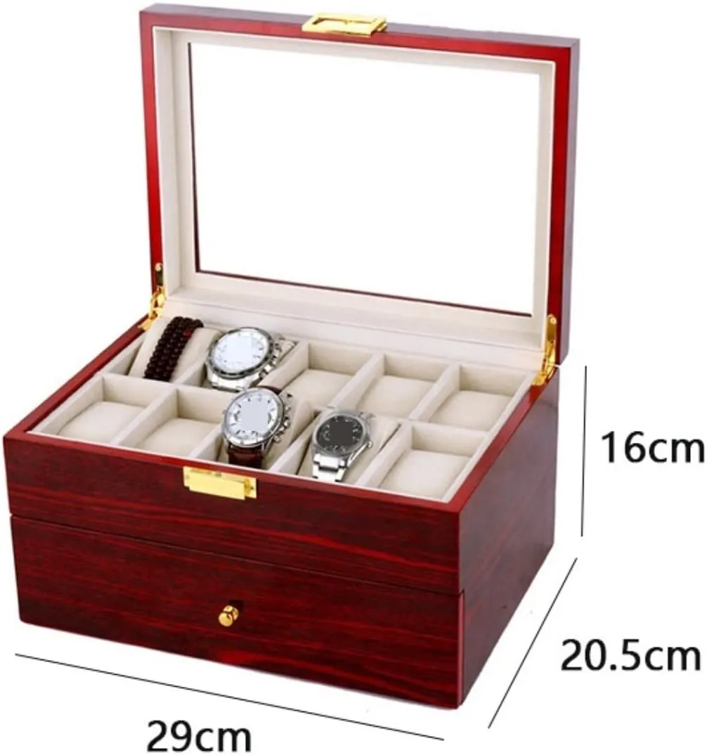 Watch Case Watch Roll Wood 20 Slots Watch Box Organizer Bracelet Display Holder Metal Hinge Clear Top Lockable Storage Case Watch Box Watch Winder(Red-29 * 20.5 * 9cm)