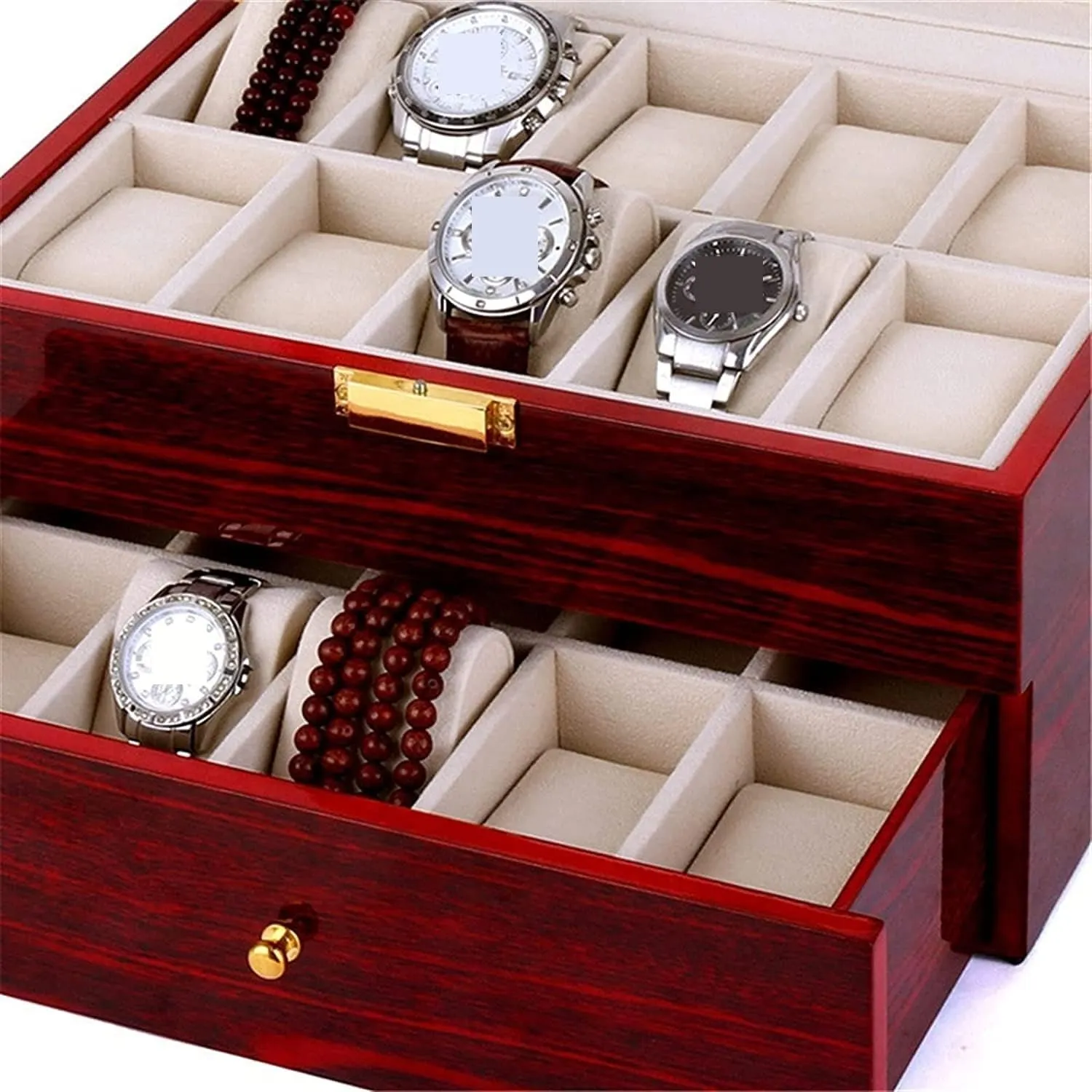 Watch Case Watch Roll Wood 20 Slots Watch Box Organizer Bracelet Display Holder Metal Hinge Clear Top Lockable Storage Case Watch Box Watch Winder(Red-29 * 20.5 * 9cm)