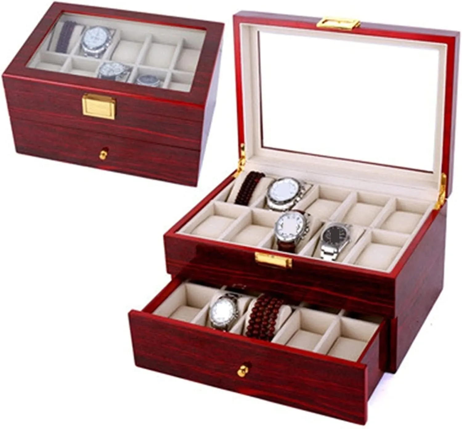 Watch Case Watch Roll Wood 20 Slots Watch Box Organizer Bracelet Display Holder Metal Hinge Clear Top Lockable Storage Case Watch Box Watch Winder(Red-29 * 20.5 * 9cm)