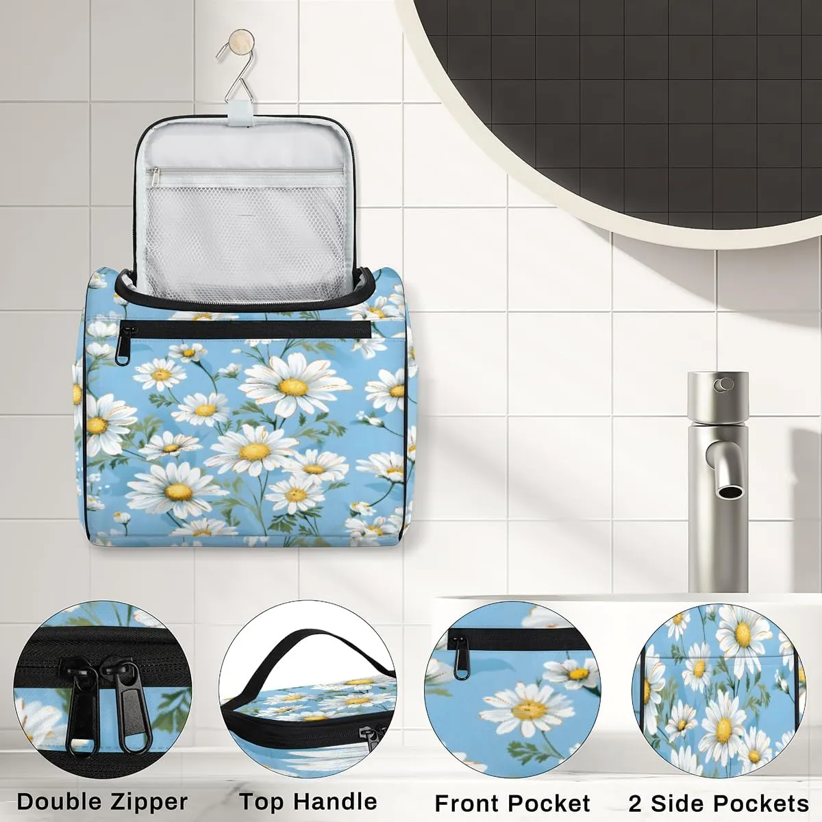 Watercolor Daisy Travel Makeup Bag Hanging Toiletry Bag for Women Make up Organizer Portable Cosmetic Bags with Dividers Inside