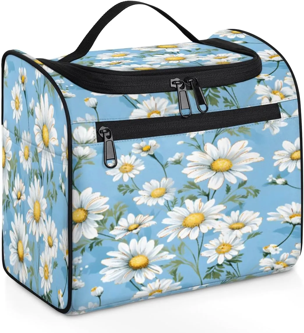 Watercolor Daisy Travel Makeup Bag Hanging Toiletry Bag for Women Make up Organizer Portable Cosmetic Bags with Dividers Inside