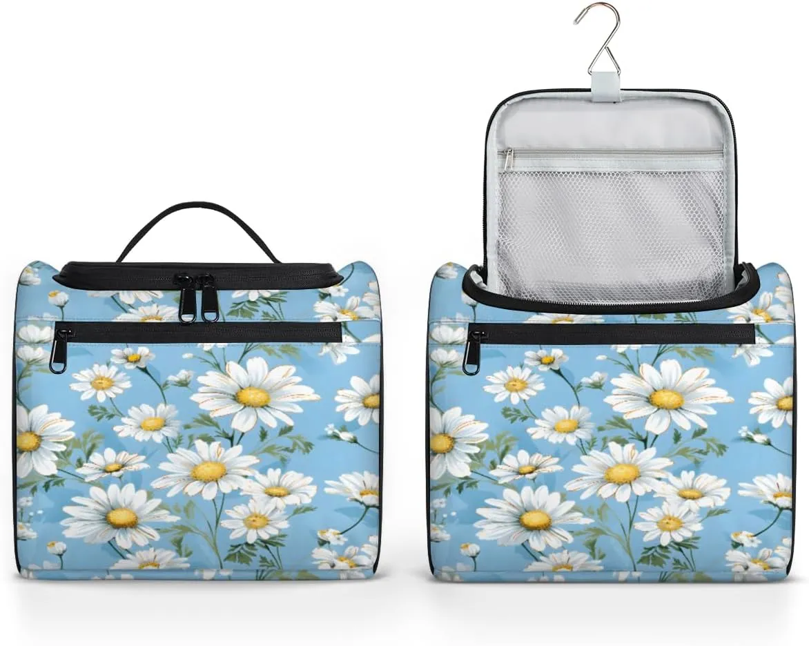 Watercolor Daisy Travel Makeup Bag Hanging Toiletry Bag for Women Make up Organizer Portable Cosmetic Bags with Dividers Inside
