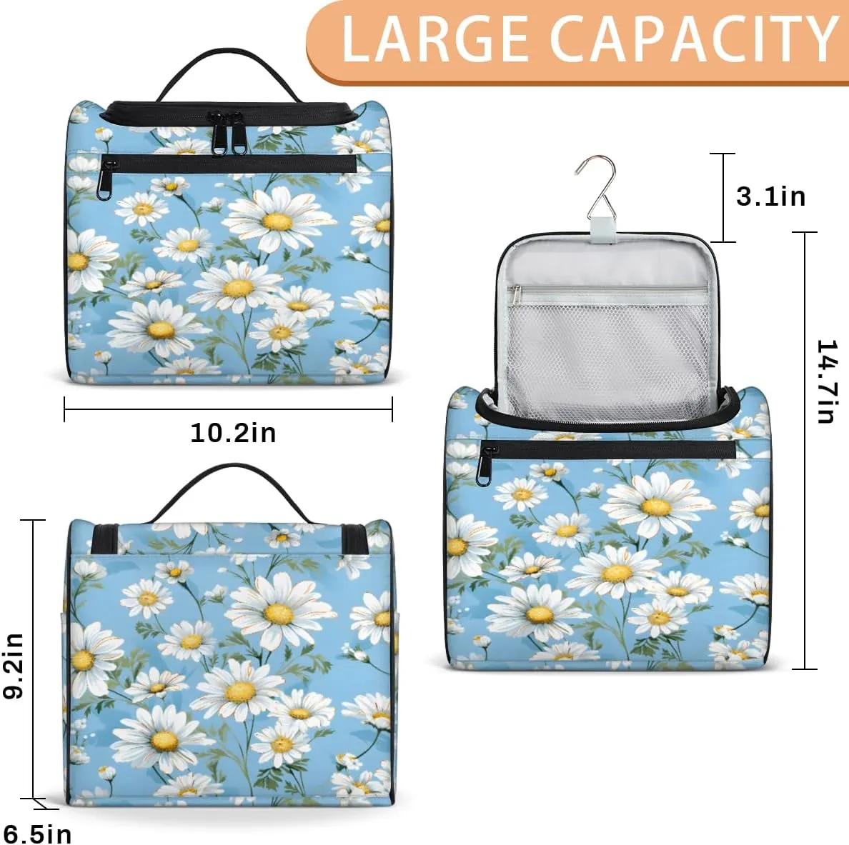 Watercolor Daisy Travel Makeup Bag Hanging Toiletry Bag for Women Make up Organizer Portable Cosmetic Bags with Dividers Inside