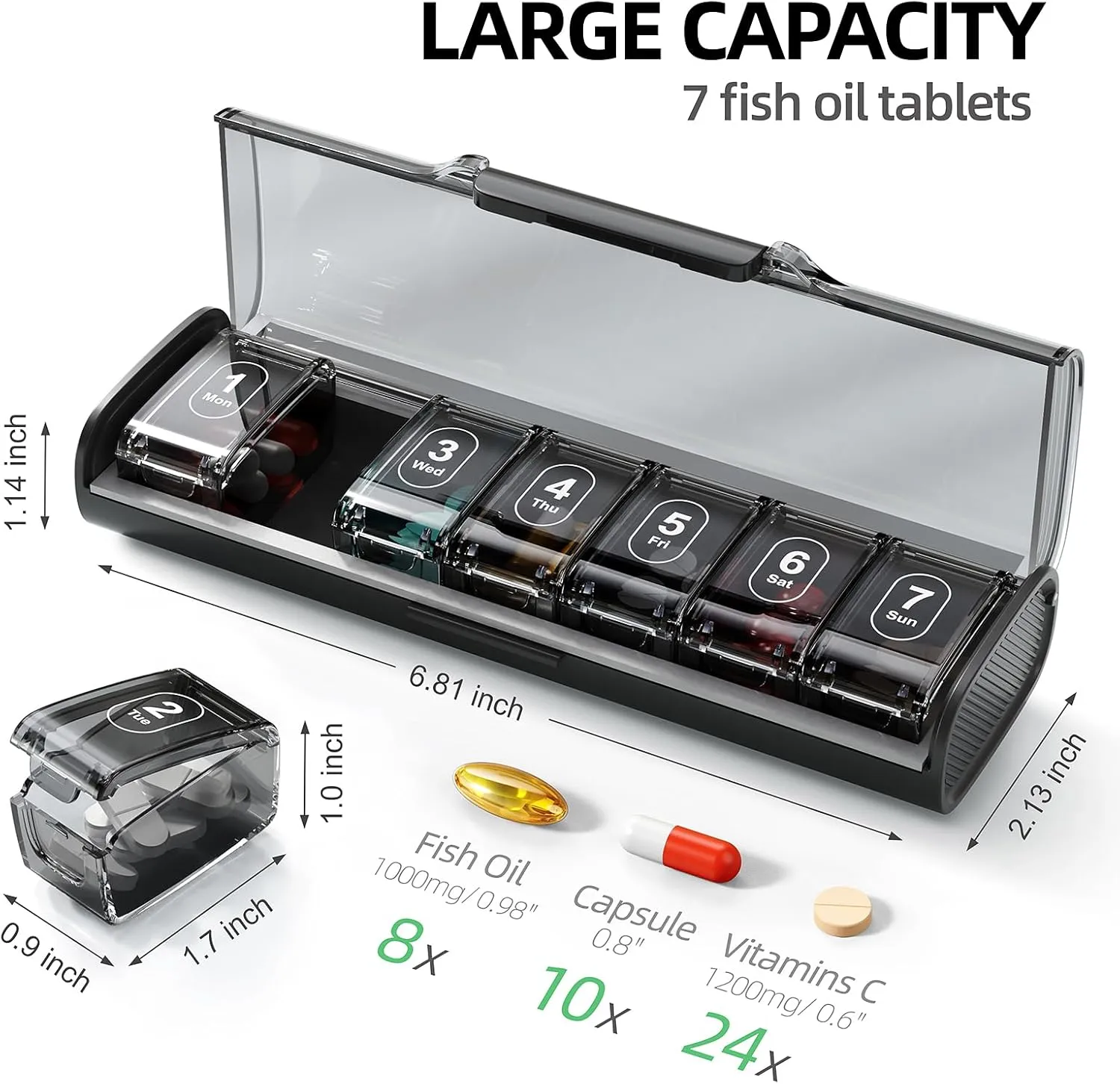 Weekly Pill Organizer,Portable 7 Day Pill Box,Moisture Proof Medicine Pill Organizer,Travel Pill Case with BPA-Free Material,Pocket-Size for Supplements & Vitamins (Black)