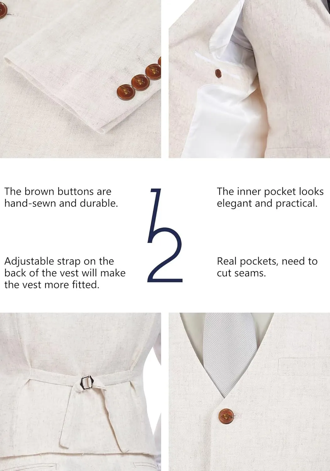 Wehilion Retro Linen Men Suit Beach Wedding Suit Summer Slim Fit 3 Pieces Light Weight Linen Suit Jacket Vest Pant Tuxedo