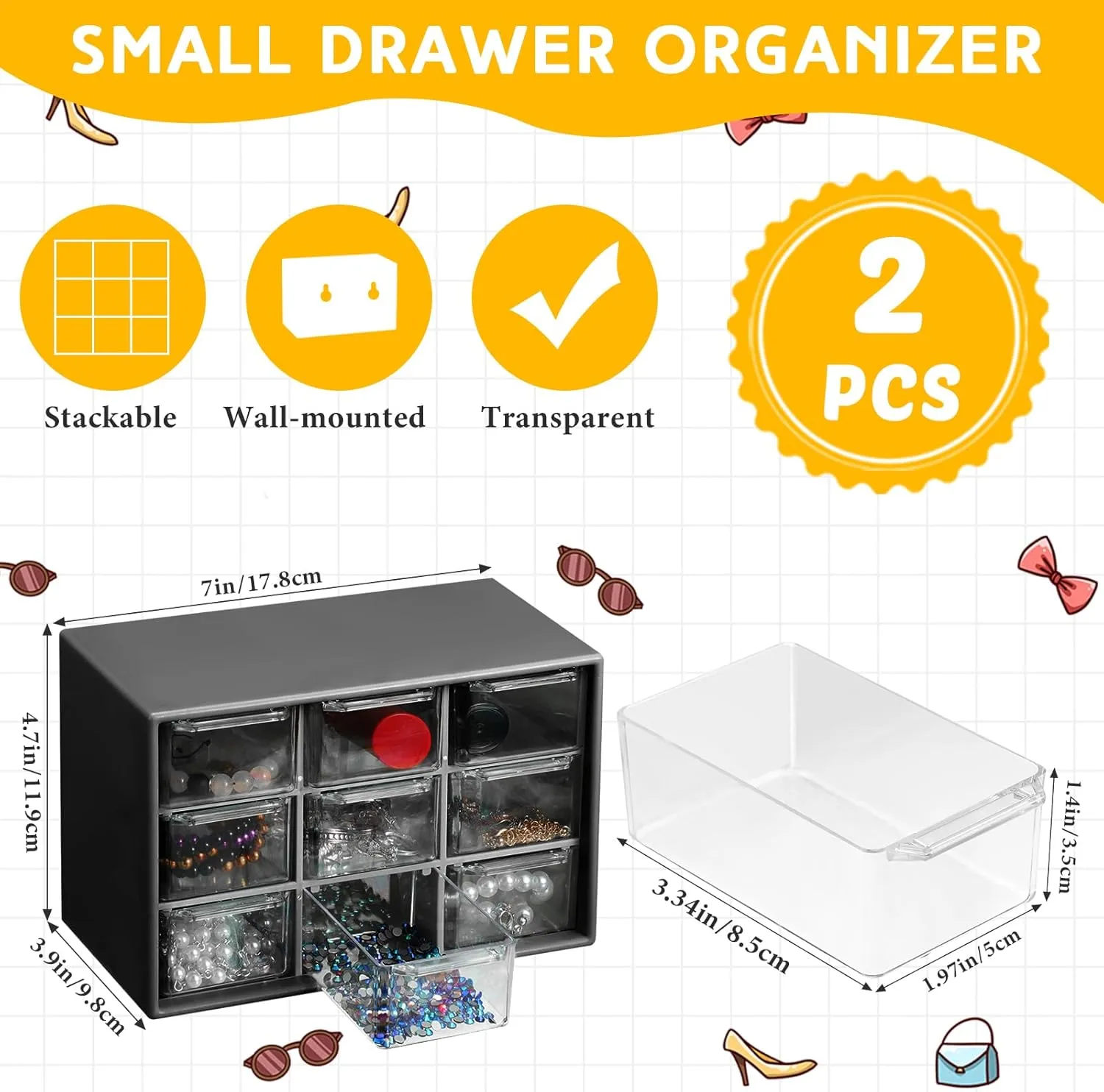 Wenqik 2 Pcs Small Drawer Organizer Teacher Toolbox Small Organizer with 9 Clear Drawers Plastic Desktop Craft Storage Box for Desk Office Classroom Home 7" x 3.9" x 4.7" (Black)