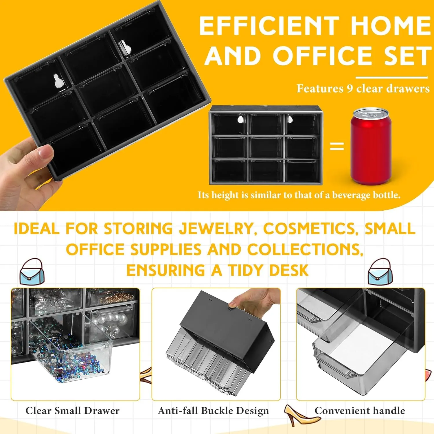 Wenqik 2 Pcs Small Drawer Organizer Teacher Toolbox Small Organizer with 9 Clear Drawers Plastic Desktop Craft Storage Box for Desk Office Classroom Home 7" x 3.9" x 4.7" (Black)