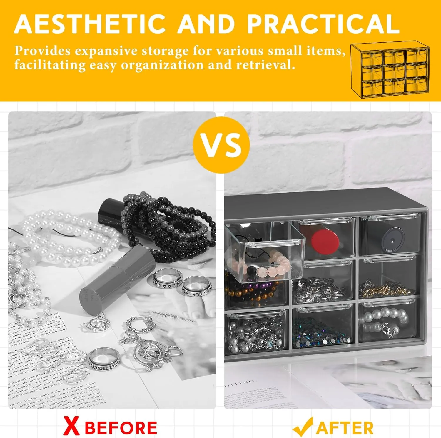 Wenqik 2 Pcs Small Drawer Organizer Teacher Toolbox Small Organizer with 9 Clear Drawers Plastic Desktop Craft Storage Box for Desk Office Classroom Home 7" x 3.9" x 4.7" (Black)