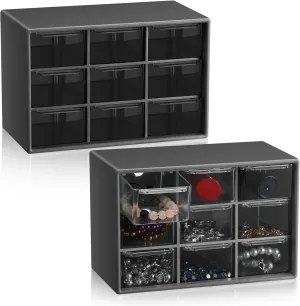 Wenqik 2 Pcs Small Drawer Organizer Teacher Toolbox Small Organizer with 9 Clear Drawers Plastic Desktop Craft Storage Box for Desk Office Classroom Home 7" x 3.9" x 4.7" (Black)