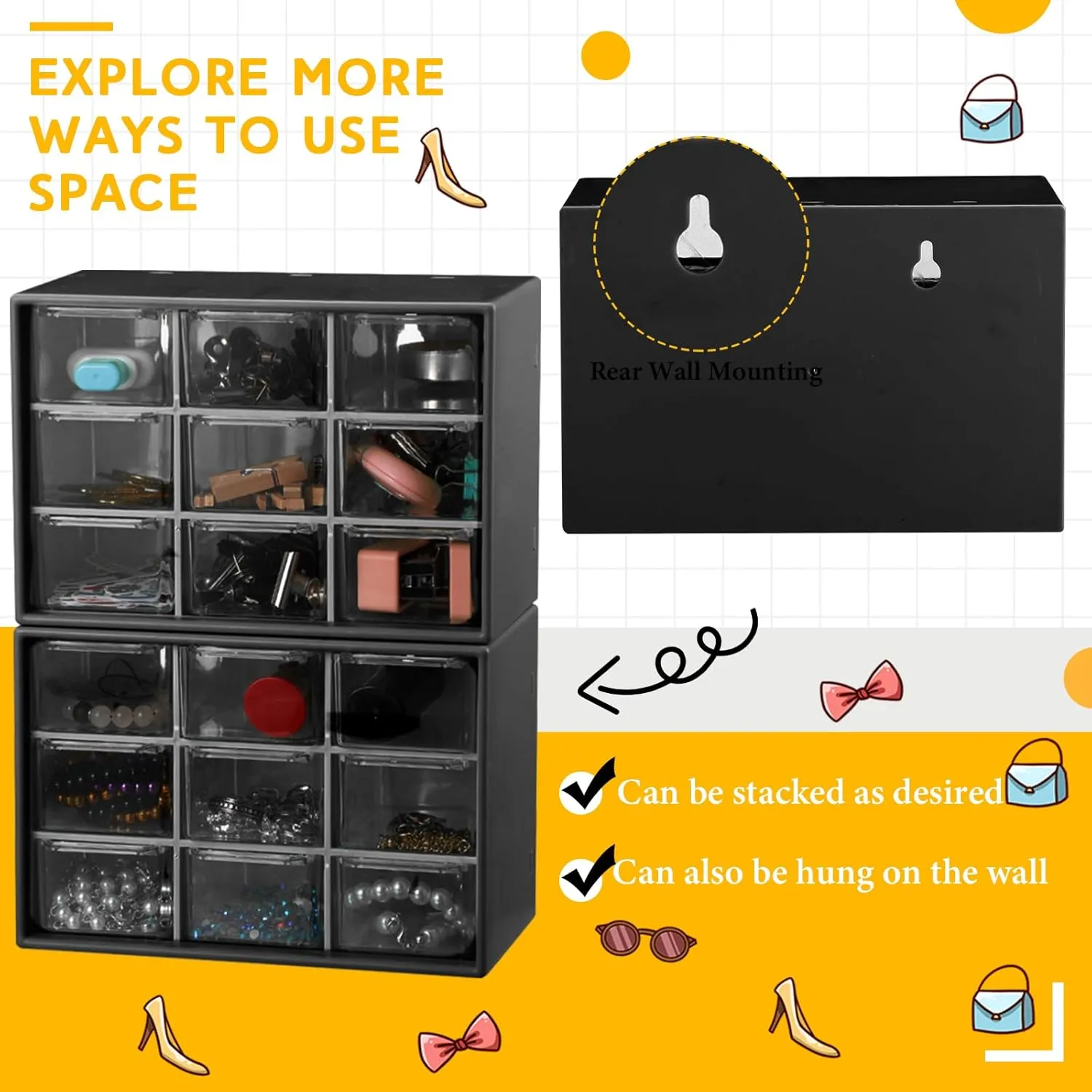 Wenqik 2 Pcs Small Drawer Organizer Teacher Toolbox Small Organizer with 9 Clear Drawers Plastic Desktop Craft Storage Box for Desk Office Classroom Home 7" x 3.9" x 4.7" (Black)