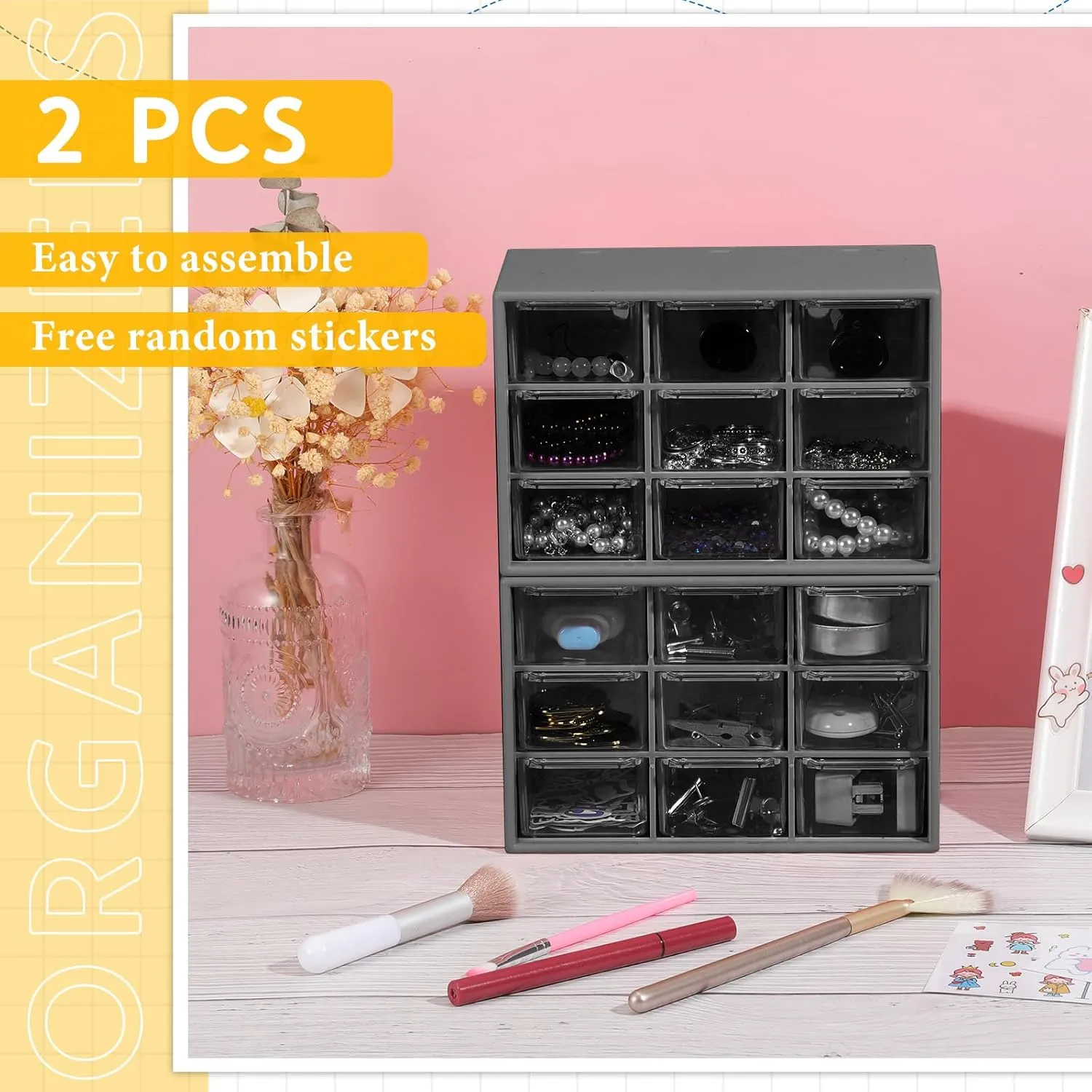 Wenqik 2 Pcs Small Drawer Organizer Teacher Toolbox Small Organizer with 9 Clear Drawers Plastic Desktop Craft Storage Box for Desk Office Classroom Home 7" x 3.9" x 4.7" (Black)
