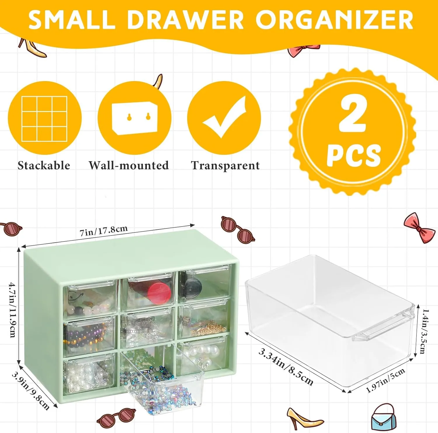 Wenqik 2 Pcs Small Drawer Organizer Teacher Toolbox Small Organizer with 9 Clear Drawers Plastic Desktop Craft Storage Box for Desk Office Classroom Home 7" x 3.9" x 4.7"(Green)