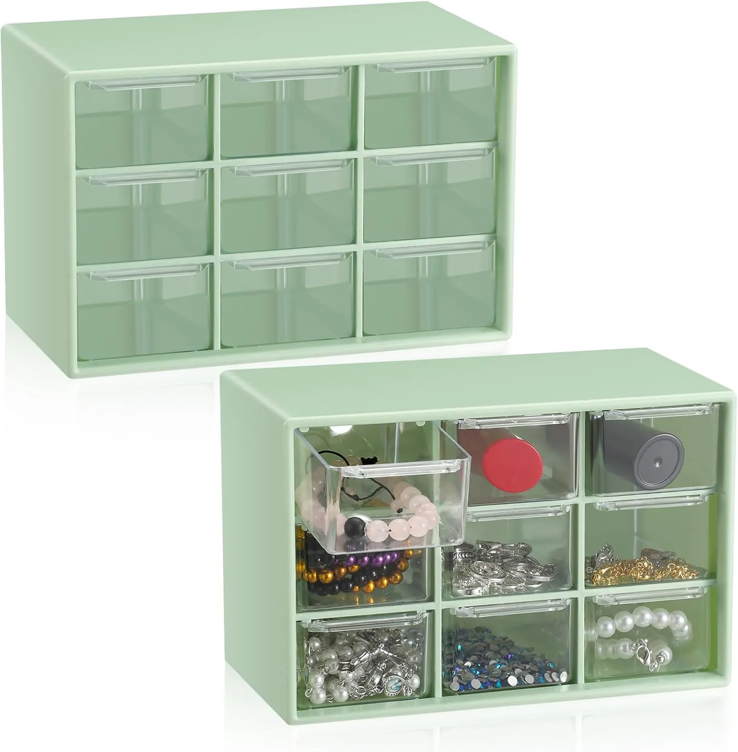 Wenqik 2 Pcs Small Drawer Organizer Teacher Toolbox Small Organizer with 9 Clear Drawers Plastic Desktop Craft Storage Box for Desk Office Classroom Home 7" x 3.9" x 4.7"(Green)