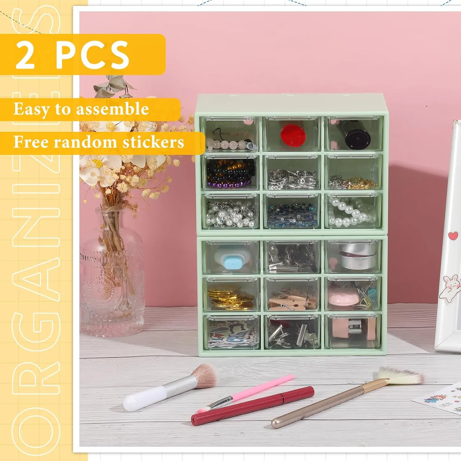 Wenqik 2 Pcs Small Drawer Organizer Teacher Toolbox Small Organizer with 9 Clear Drawers Plastic Desktop Craft Storage Box for Desk Office Classroom Home 7" x 3.9" x 4.7"(Green)