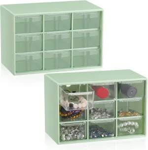 Wenqik 2 Pcs Small Drawer Organizer Teacher Toolbox Small Organizer with 9 Clear Drawers Plastic Desktop Craft Storage Box for Desk Office Classroom Home 7" x 3.9" x 4.7"(Green)