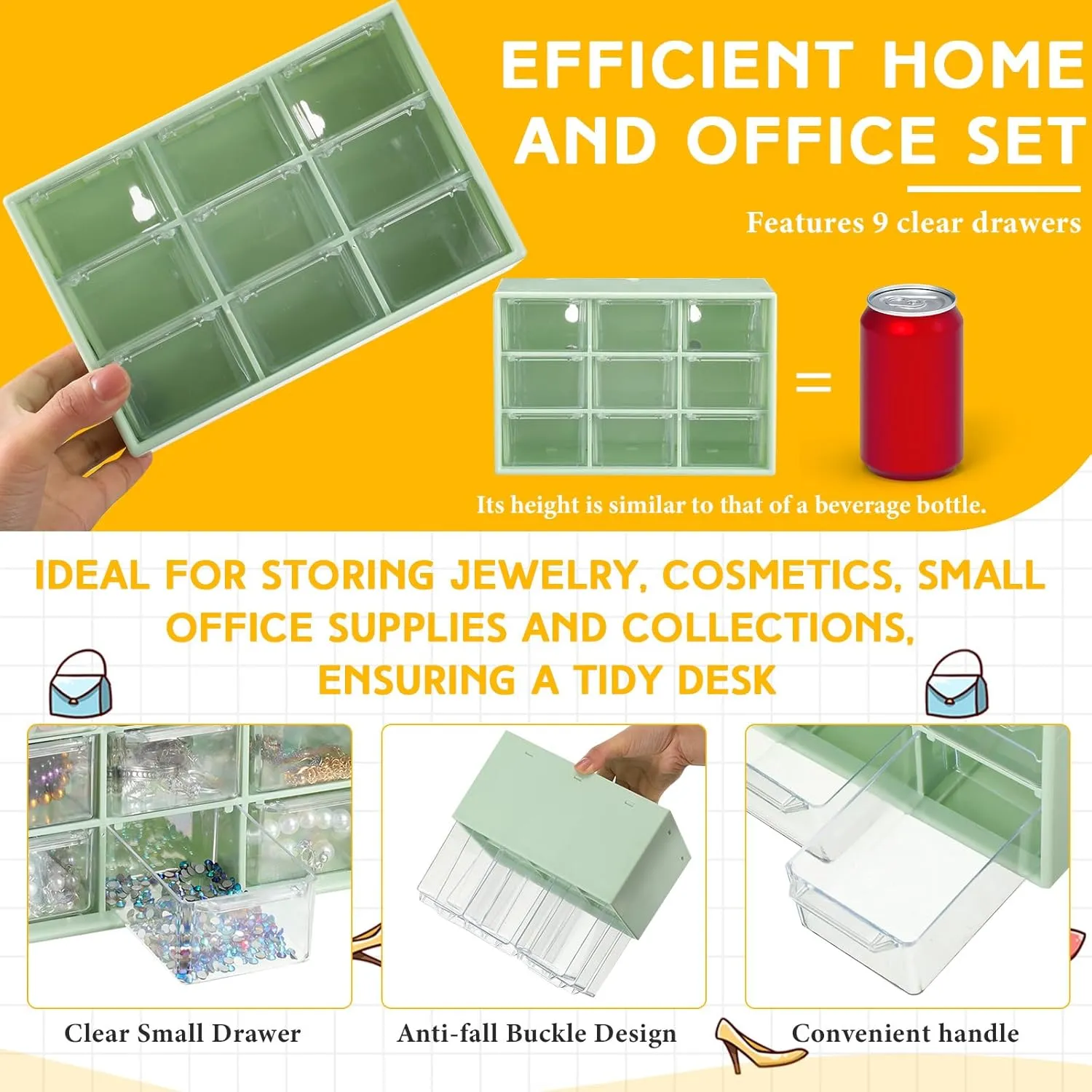 Wenqik 2 Pcs Small Drawer Organizer Teacher Toolbox Small Organizer with 9 Clear Drawers Plastic Desktop Craft Storage Box for Desk Office Classroom Home 7" x 3.9" x 4.7"(Green)