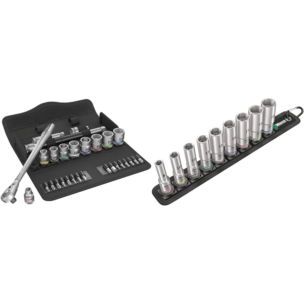 Wera 05004048001 8100 SB 8 Zyklop Metal Ratchet Set with Switch Lever, 3/8" Drive, Metric, 29 Pieces 4013288173928 & 5004545001 Belt B Deep 1 socket set, 3/8" drive, 9 pieces