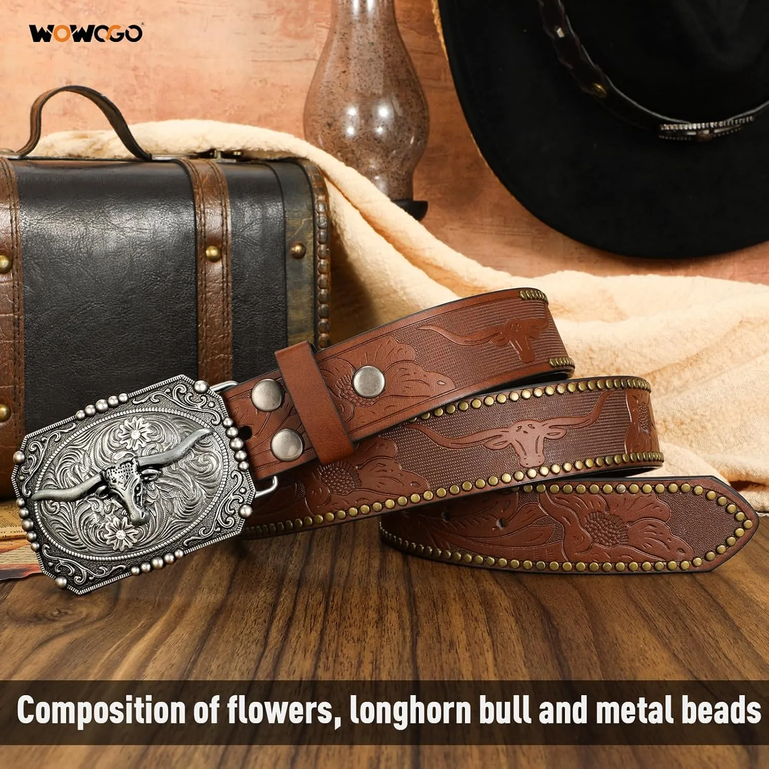 Western Cowboy Cowgirl Belt for Men Women LongHorn Bull Buckle Embossed Leather Belt Rodeo Country Belt