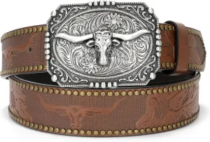 Western Cowboy Cowgirl Belt for Men Women LongHorn Bull Buckle Embossed Leather Belt Rodeo Country Belt