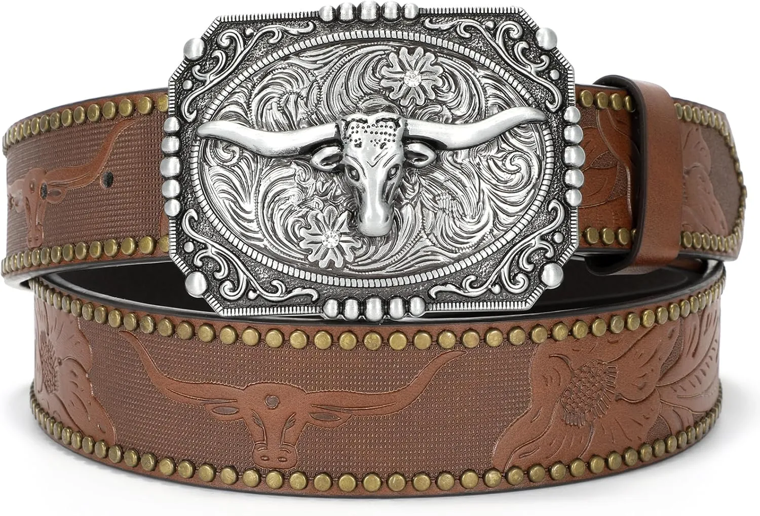 Western Cowboy Cowgirl Belt for Men Women LongHorn Bull Buckle Embossed Leather Belt Rodeo Country Belt