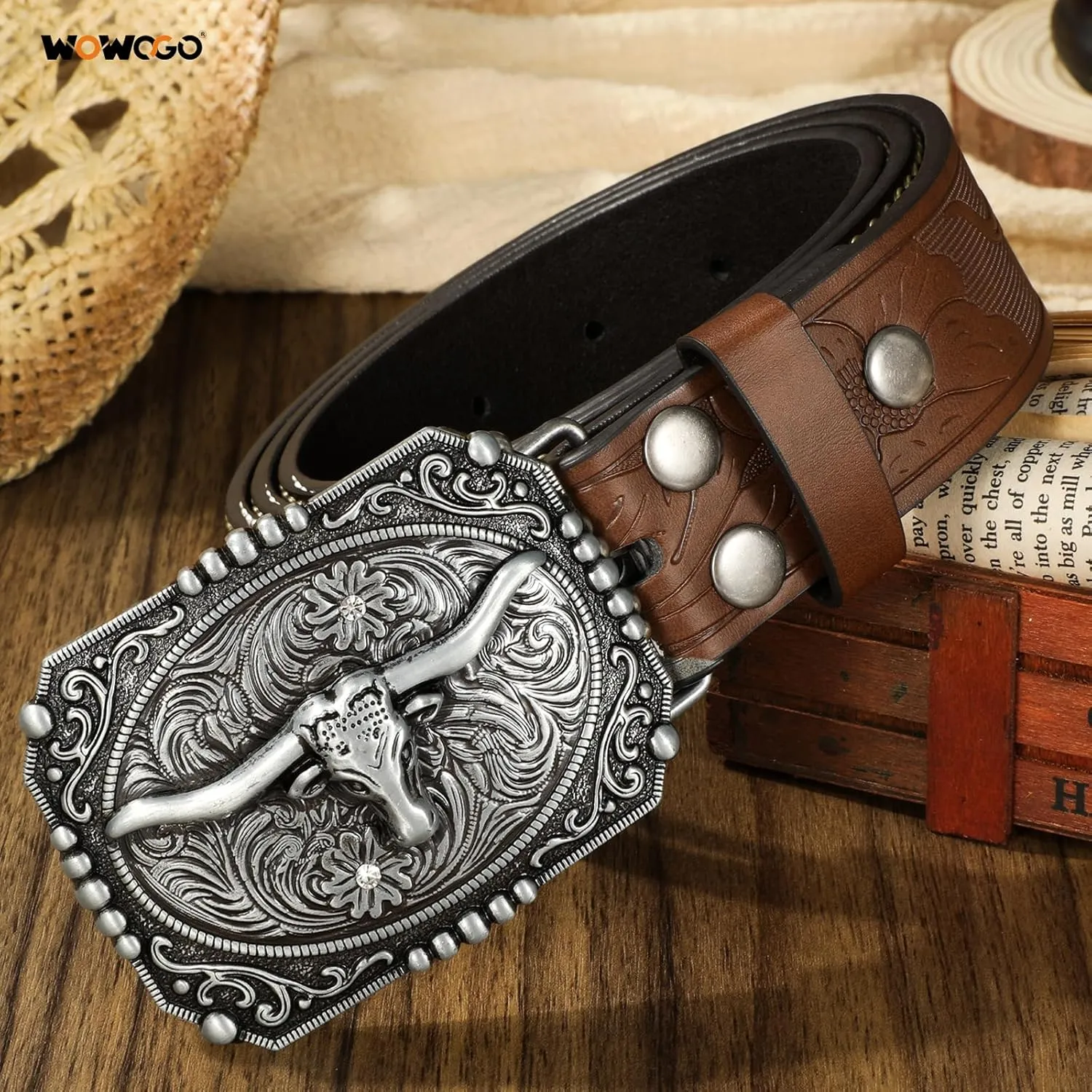 Western Cowboy Cowgirl Belt for Men Women LongHorn Bull Buckle Embossed Leather Belt Rodeo Country Belt