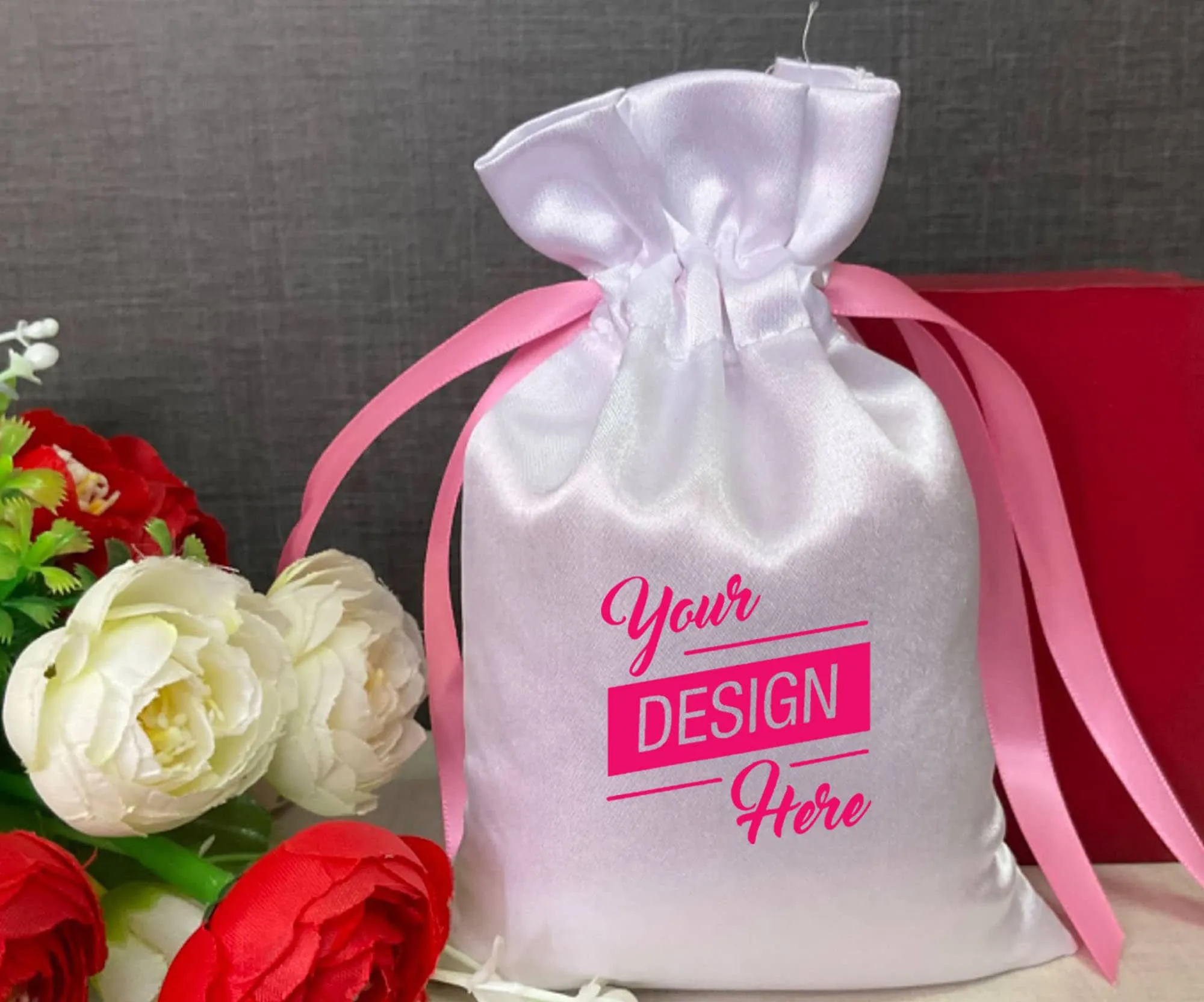 White Satin Bag, Black Satin Bag with Pink Satin Ribbon in various Bag sizes - 3x4, 3x5, 4x6, 5x7, 6x8, 8x10, 10x12, 12x14, 12x16 in inches