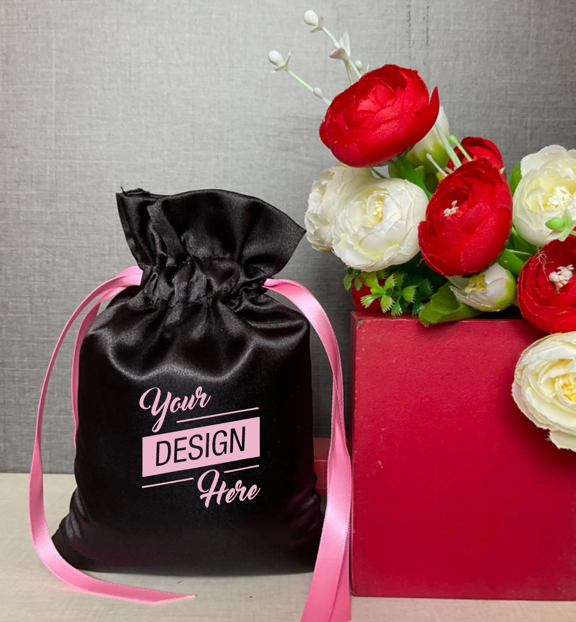 White Satin Bag, Black Satin Bag with Pink Satin Ribbon in various Bag sizes - 3x4, 3x5, 4x6, 5x7, 6x8, 8x10, 10x12, 12x14, 12x16 in inches